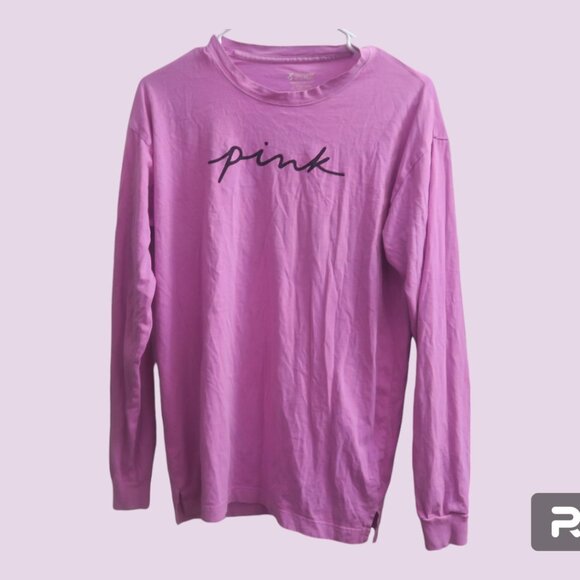 PINK Victoria's Secret long sleeve t-shirt pink cursive on front in barbie pink - Picture 1 of 8